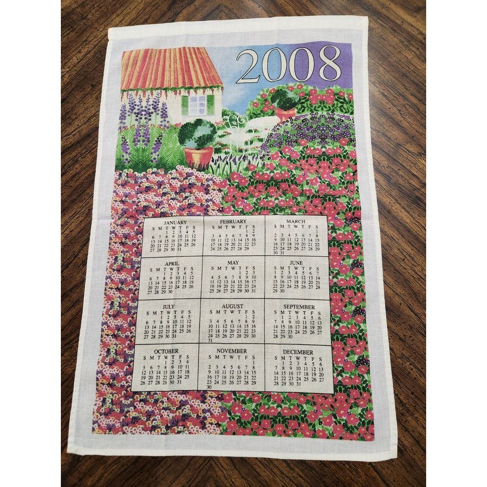 2008 Calendar Floral Garden Design Cotton Fabric Dish Towel/Wall Hanging